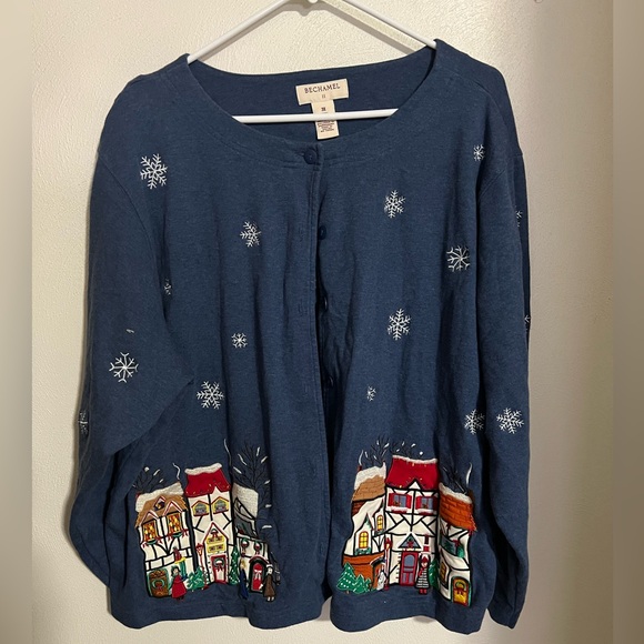 Bechamel Sweaters - BECHAMEL Embroidered Applique Christmas Winter Village Cardigan Women's Size 3X